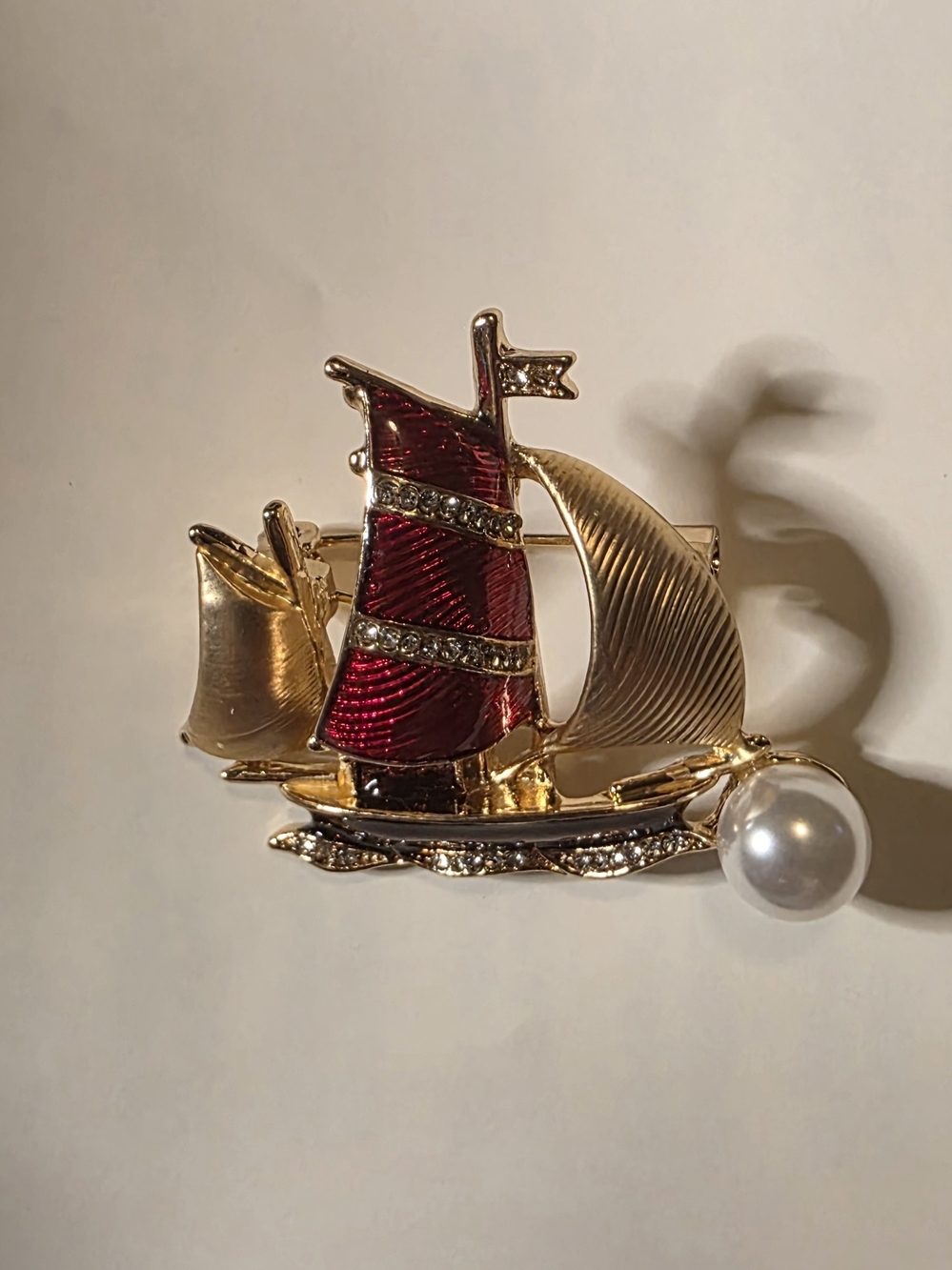 Gold Tone Red Sailboat Brooch with Faux Pearl